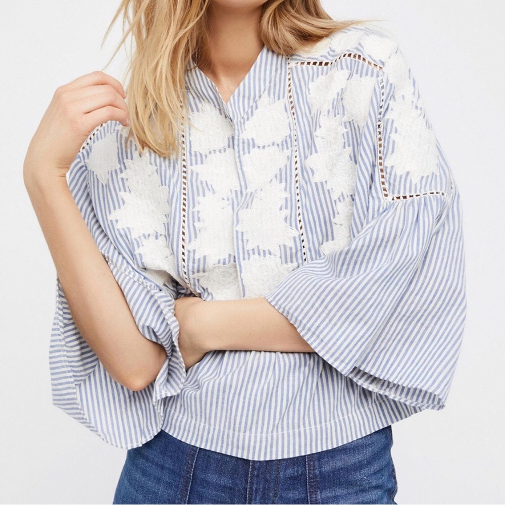 🆕 Free People Liya Embroidered Stripe Blouse Top